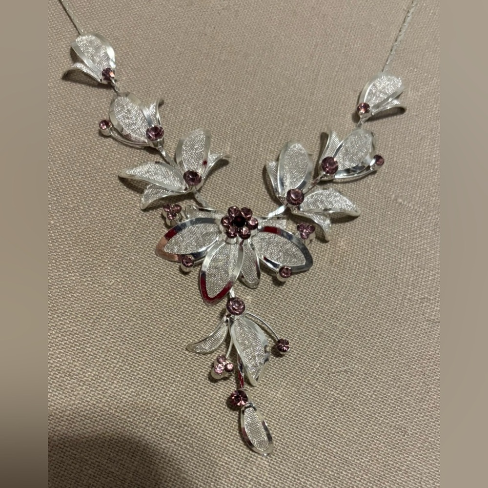 Elegant Silver and Pink Floral Necklace and matching earrings.